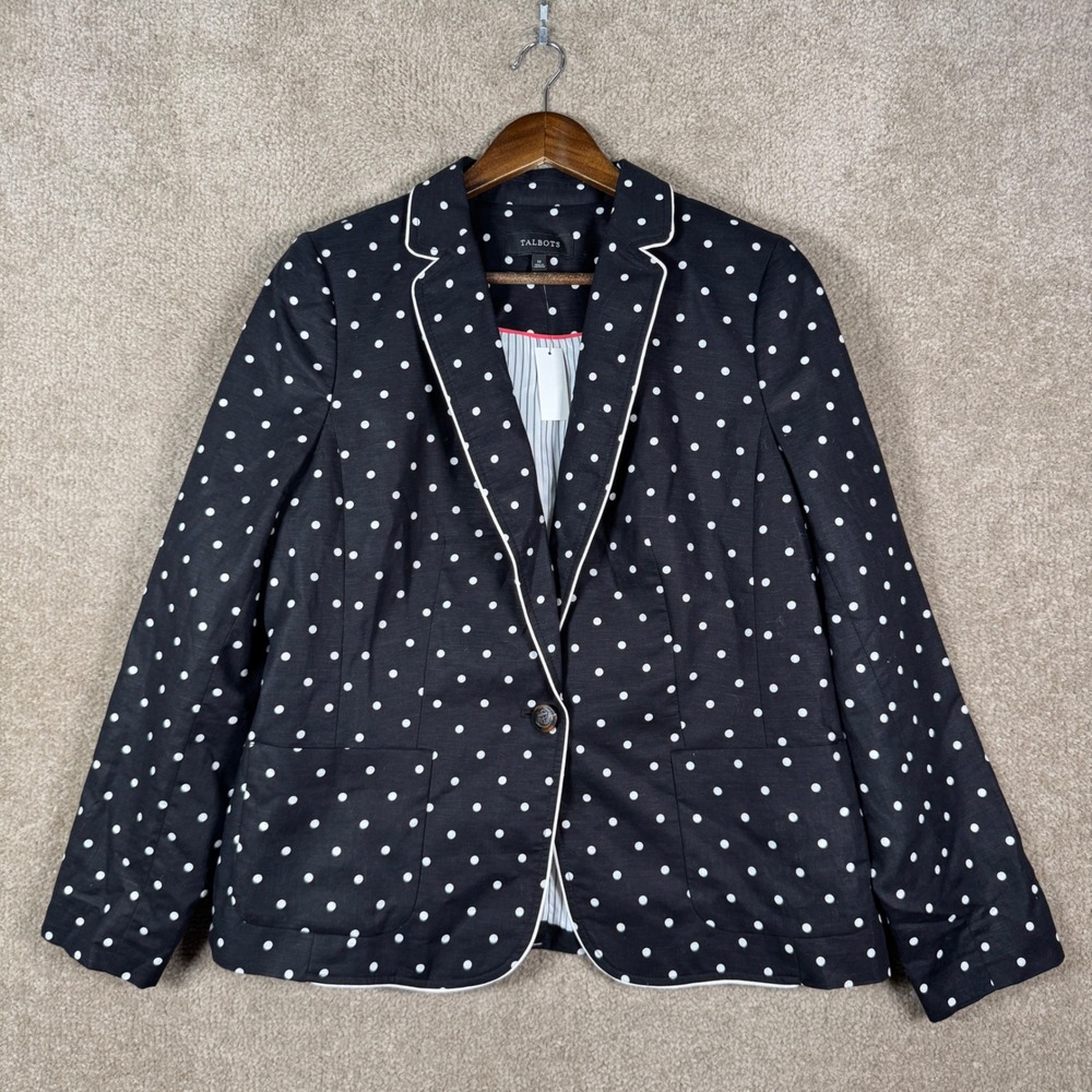 Talbots Blazer Womens 12 Black Polka Dot Linen Jacket Nautical Anchor Button NEW - Picture 3 of 13